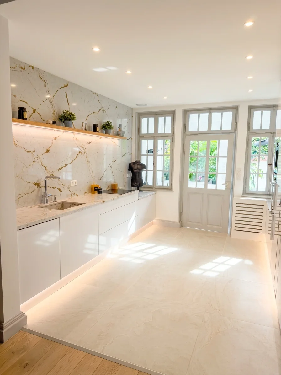 Cuisine étroite et lumineuse avec meubles bas blancs, long plan de travail clair, crédence assortie, évier et porte vitrée au fond.