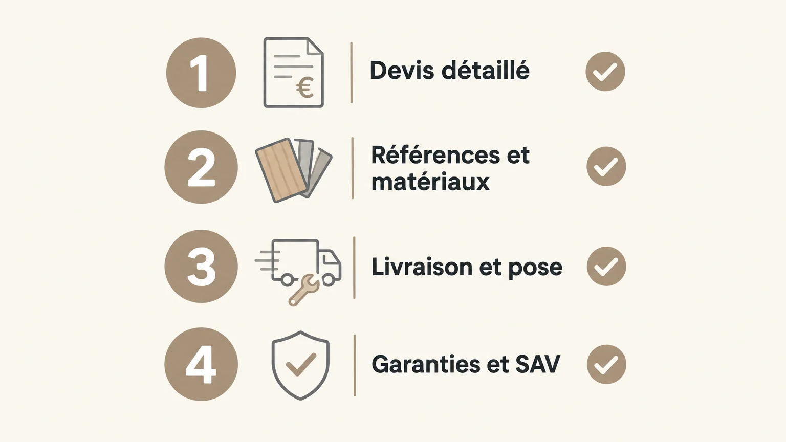 Checklist illustrée des points à vérifier avant de signer un devis de cuisine.