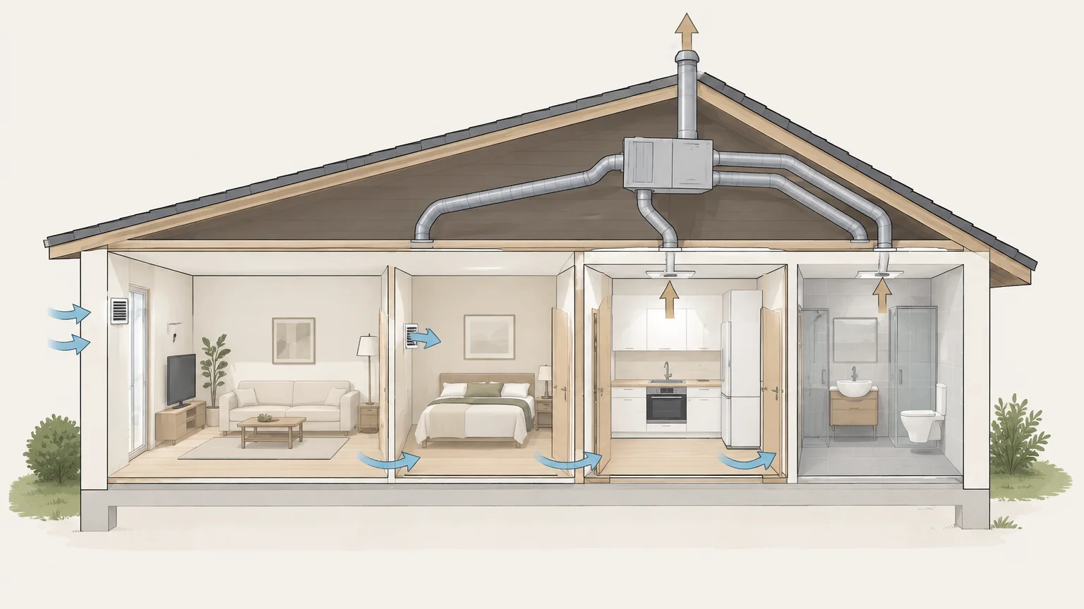 Trajet de l’air dans un logement, des entrées des pièces principales aux bouches d’extraction.