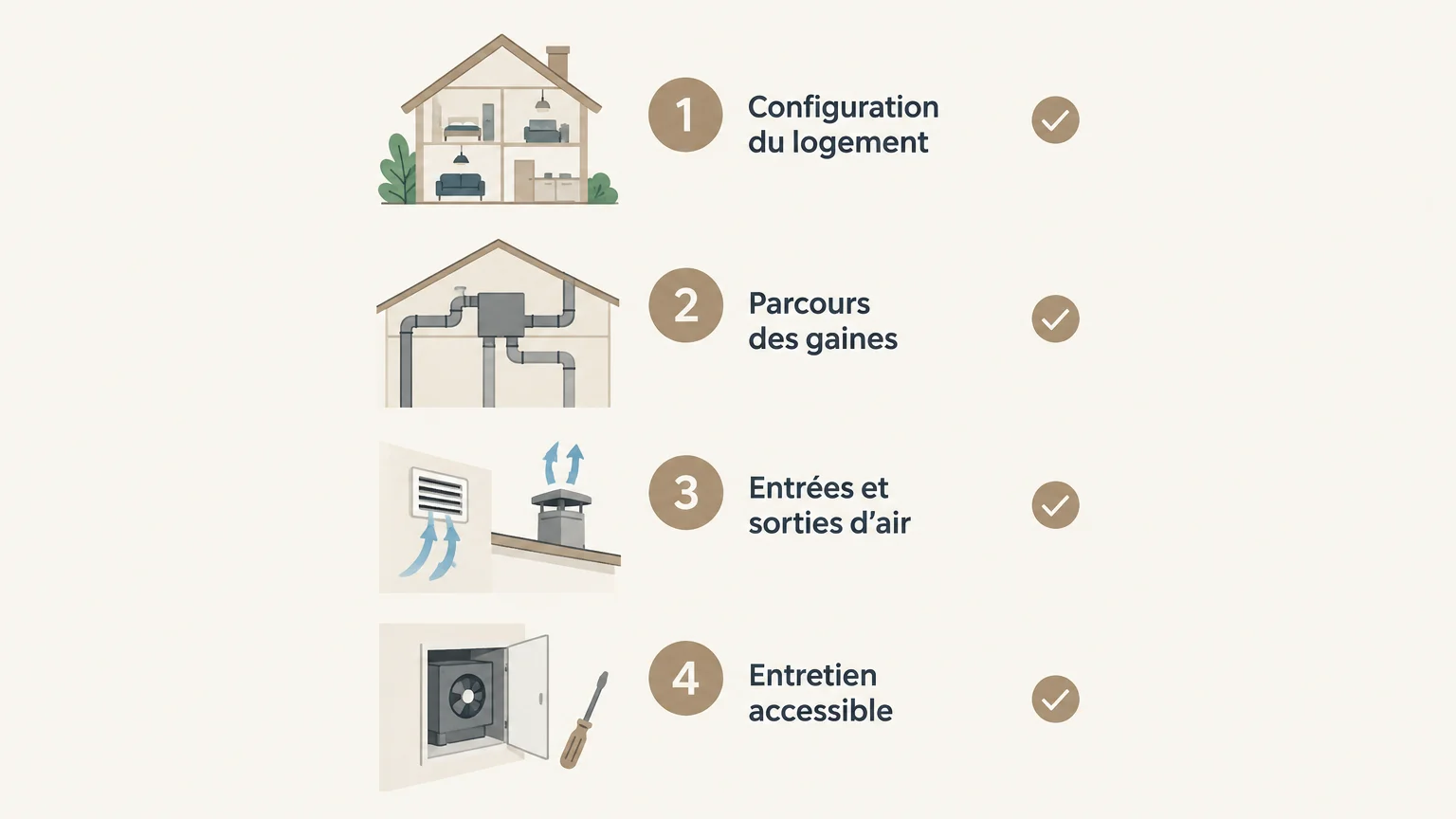 Checklist illustrée des critères à examiner pour choisir une ventilation adaptée au logement.