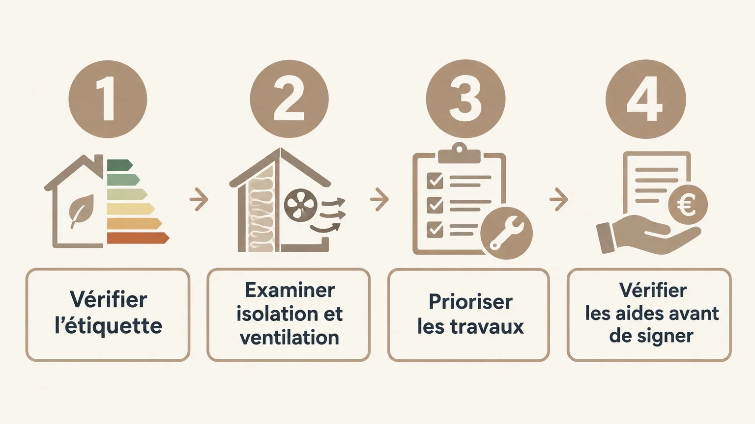 Infographie checklist pour vérifier l’étiquette énergétique, l’isolation et la ventilation, prioriser les travaux et examiner les aides