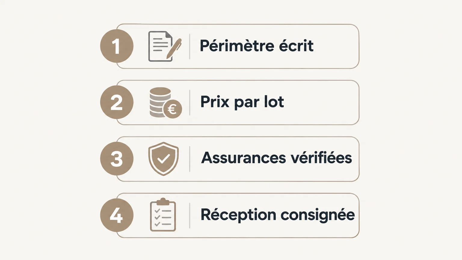 Checklist illustrée pour vérifier le périmètre, le prix par lot, les assurances et la réception des travaux.