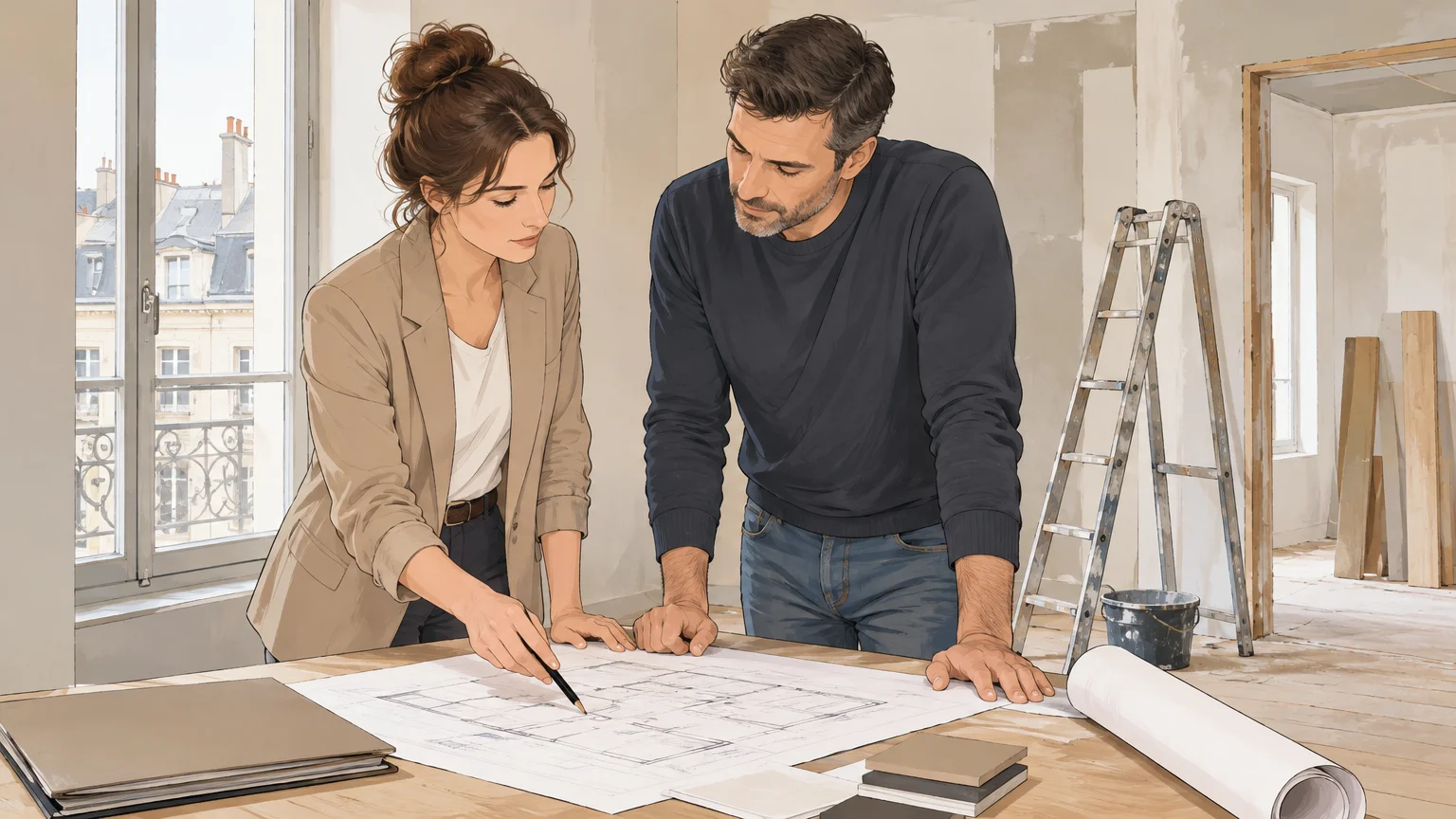 Une architecte d’intérieur et un propriétaire examinent un plan dans un appartement en rénovation.