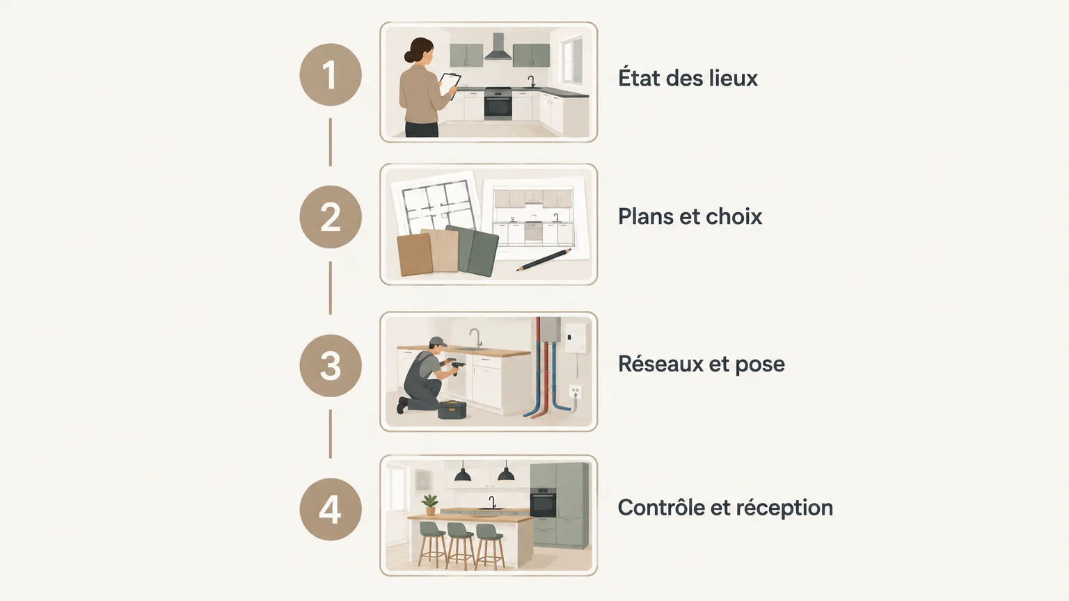 Infographie en quatre étapes pour organiser la rénovation d’une cuisine, de l’état des lieux à la réception des travaux.