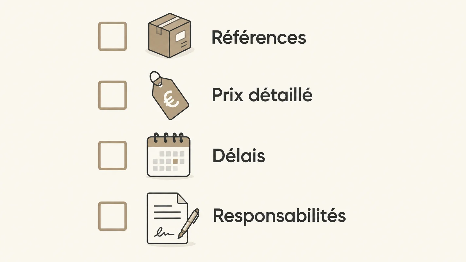 Checklist illustrée en français pour vérifier les références, le prix, les délais et les responsabilités avant un achat de salle de bains.