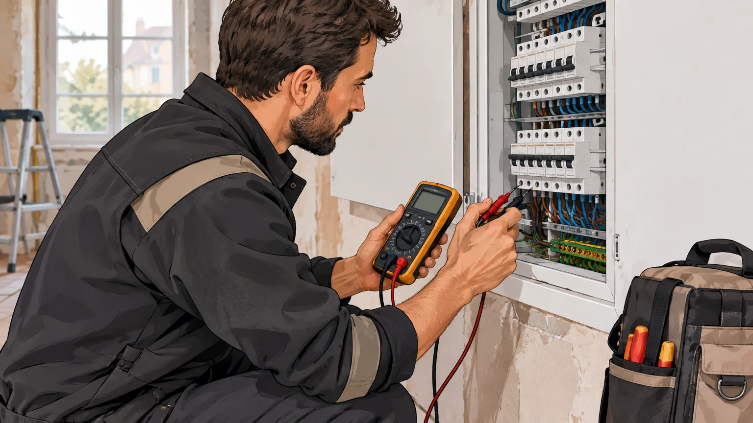 Électricien vérifiant un circuit mis hors tension dans une maison ancienne