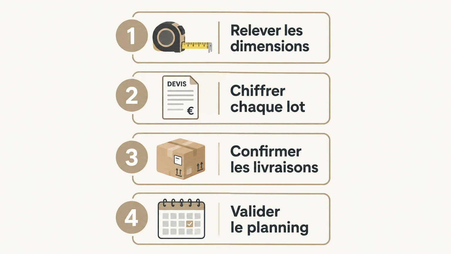 Checklist illustrée des étapes pour préparer la rénovation d’une cuisine.