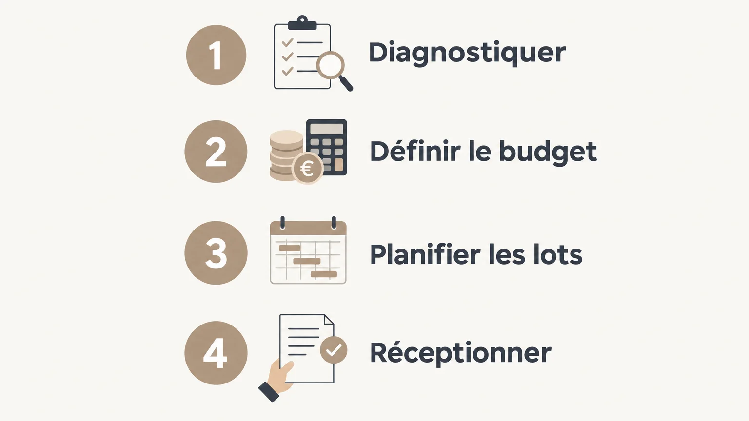 Infographie verticale des étapes pour diagnostiquer, budgéter, planifier et réceptionner des travaux de rénovation.