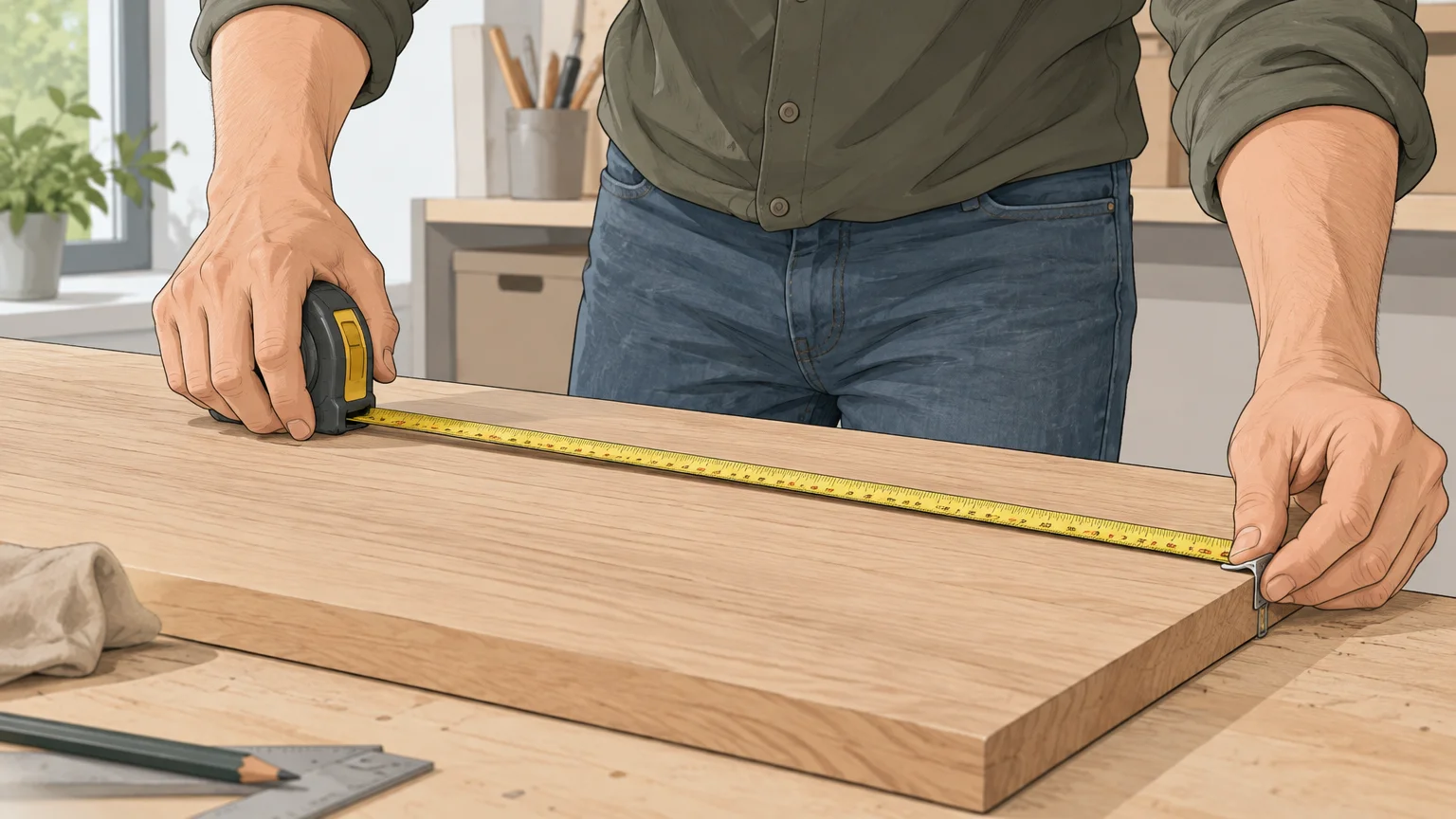 Mains prenant la mesure d’un panneau de bois avec un mètre ruban