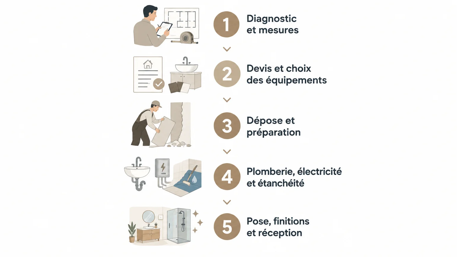 Infographie des cinq étapes d’une rénovation de salle de bain, du diagnostic à la réception.