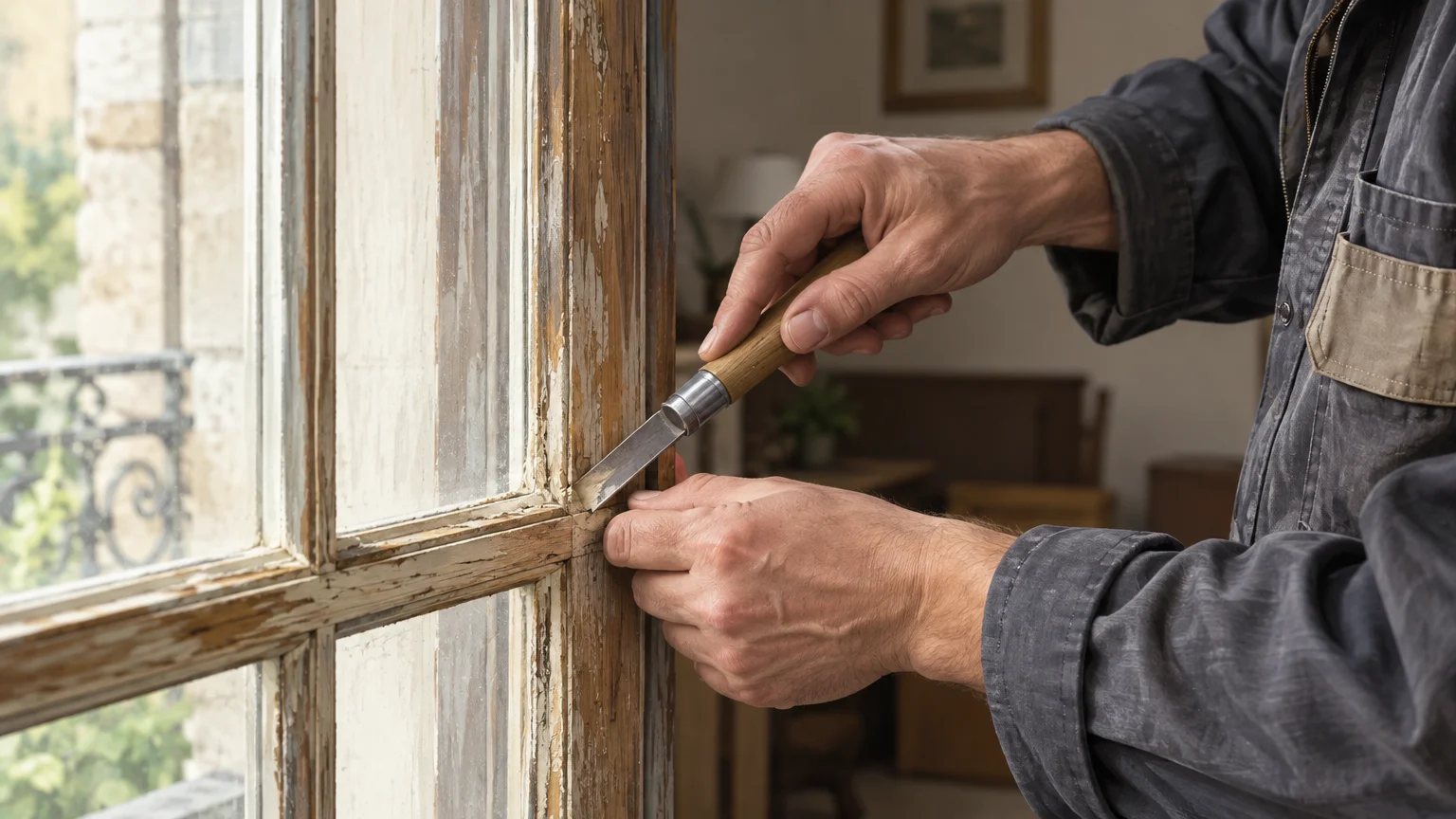 Mains d’un artisan retirant soigneusement le mastic d’une fenêtre ancienne en bois.