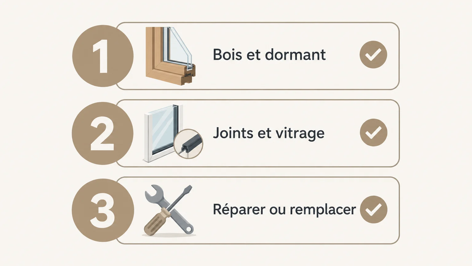 Checklist en trois étapes : examiner le bois et le dormant, vérifier les joints et le vitrage, puis choisir entre réparation et remplacement.