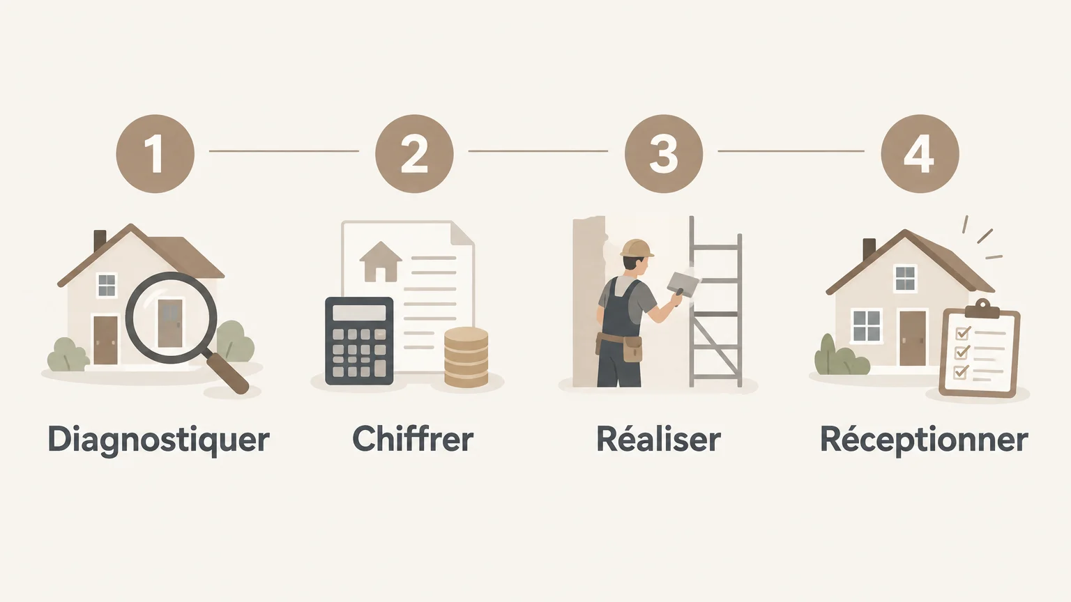 Checklist illustrée des quatre étapes : diagnostiquer, chiffrer, réaliser et réceptionner la rénovation.