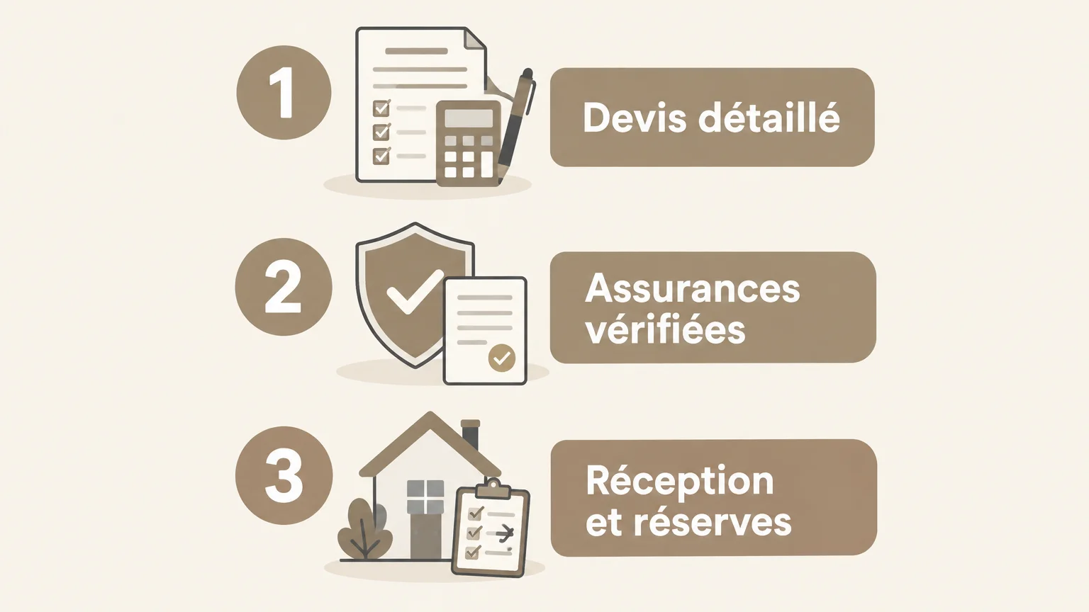Infographie en trois étapes pour vérifier le devis, les assurances et la réception des travaux.