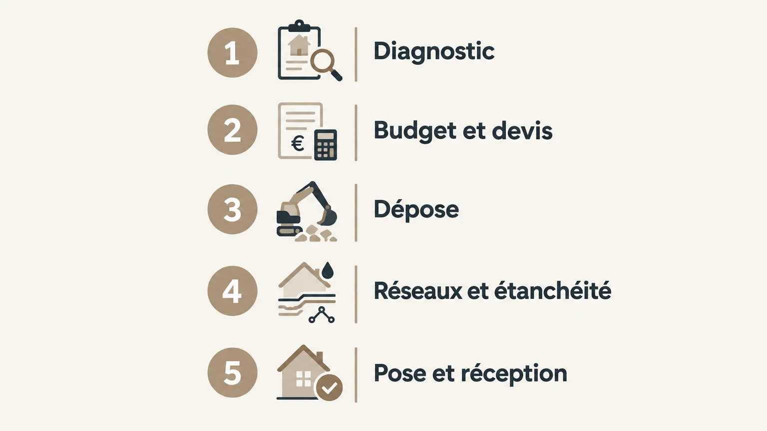 Checklist illustrée des étapes de rénovation d’une salle de bain, du diagnostic à la réception.
