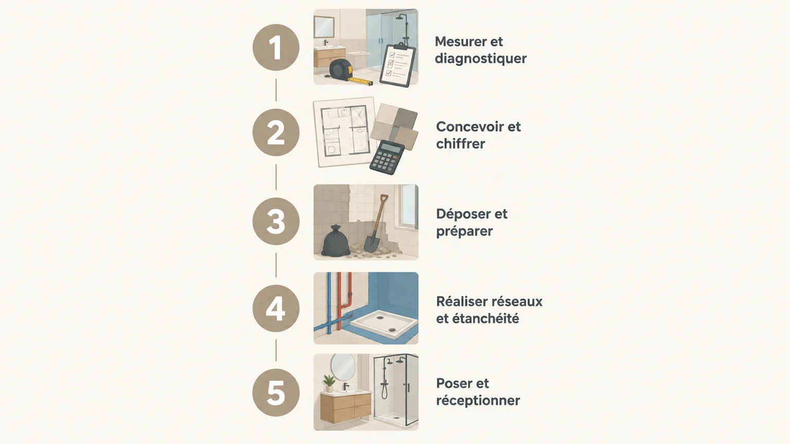 Infographie des cinq étapes d’une rénovation de salle de bain, du diagnostic à la réception.