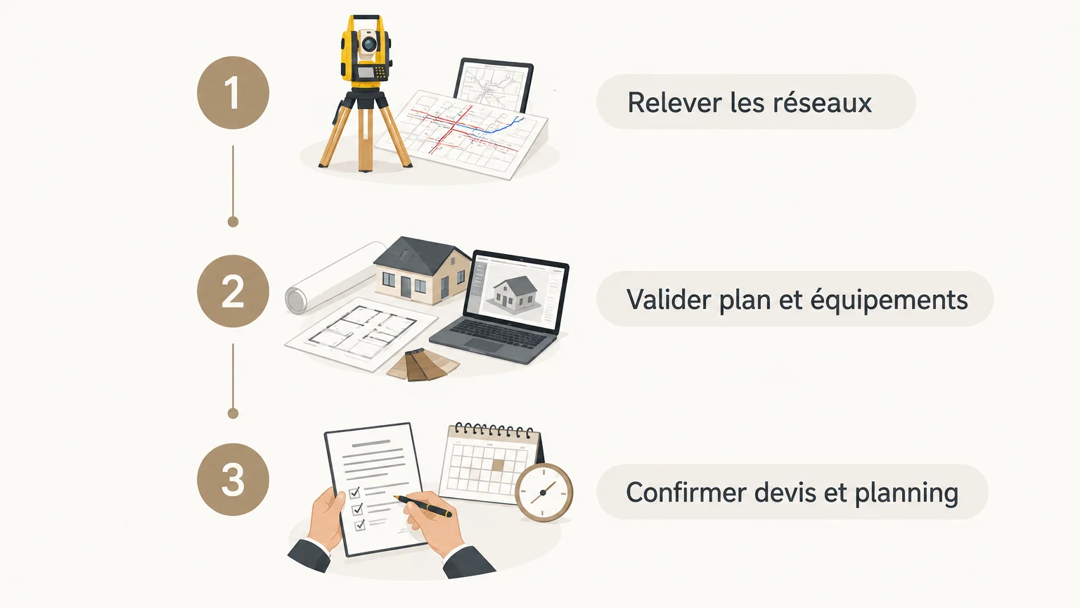 Infographie en trois étapes pour préparer la rénovation d’une cuisine : relever les réseaux, valider le plan et les équipements, puis confirmer le devis et le planning.
