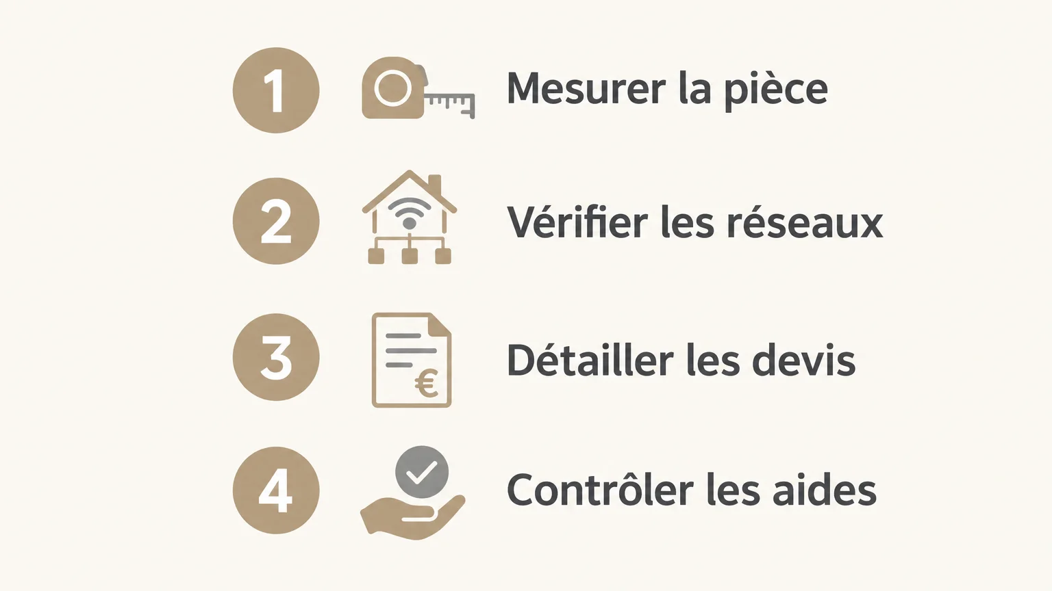Infographie en quatre étapes : mesurer la pièce, vérifier les réseaux, détailler les devis et contrôler les aides.