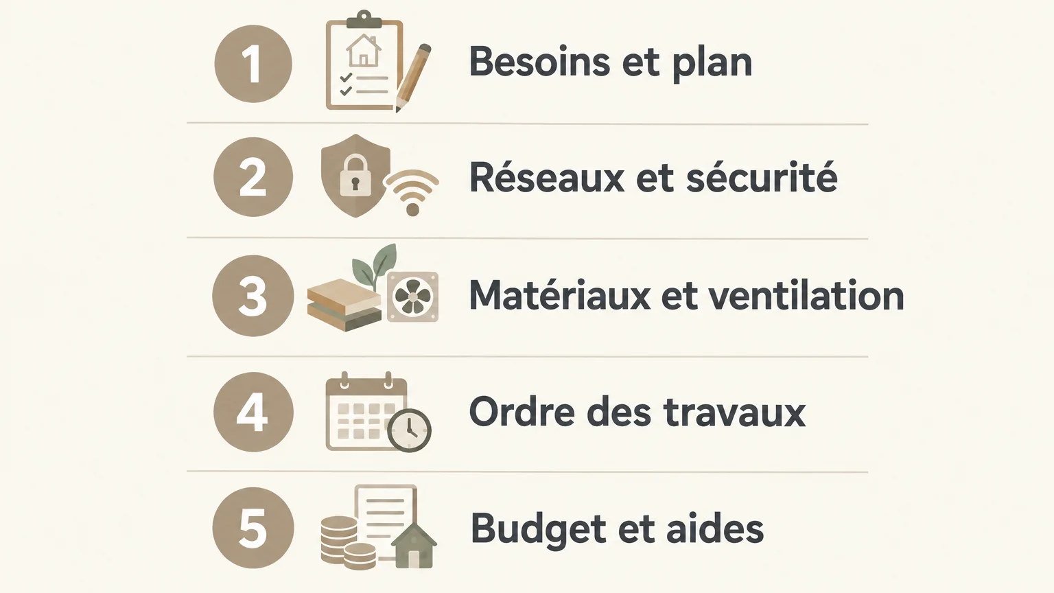 Checklist illustrée en cinq étapes pour planifier la rénovation d’une salle de bain.