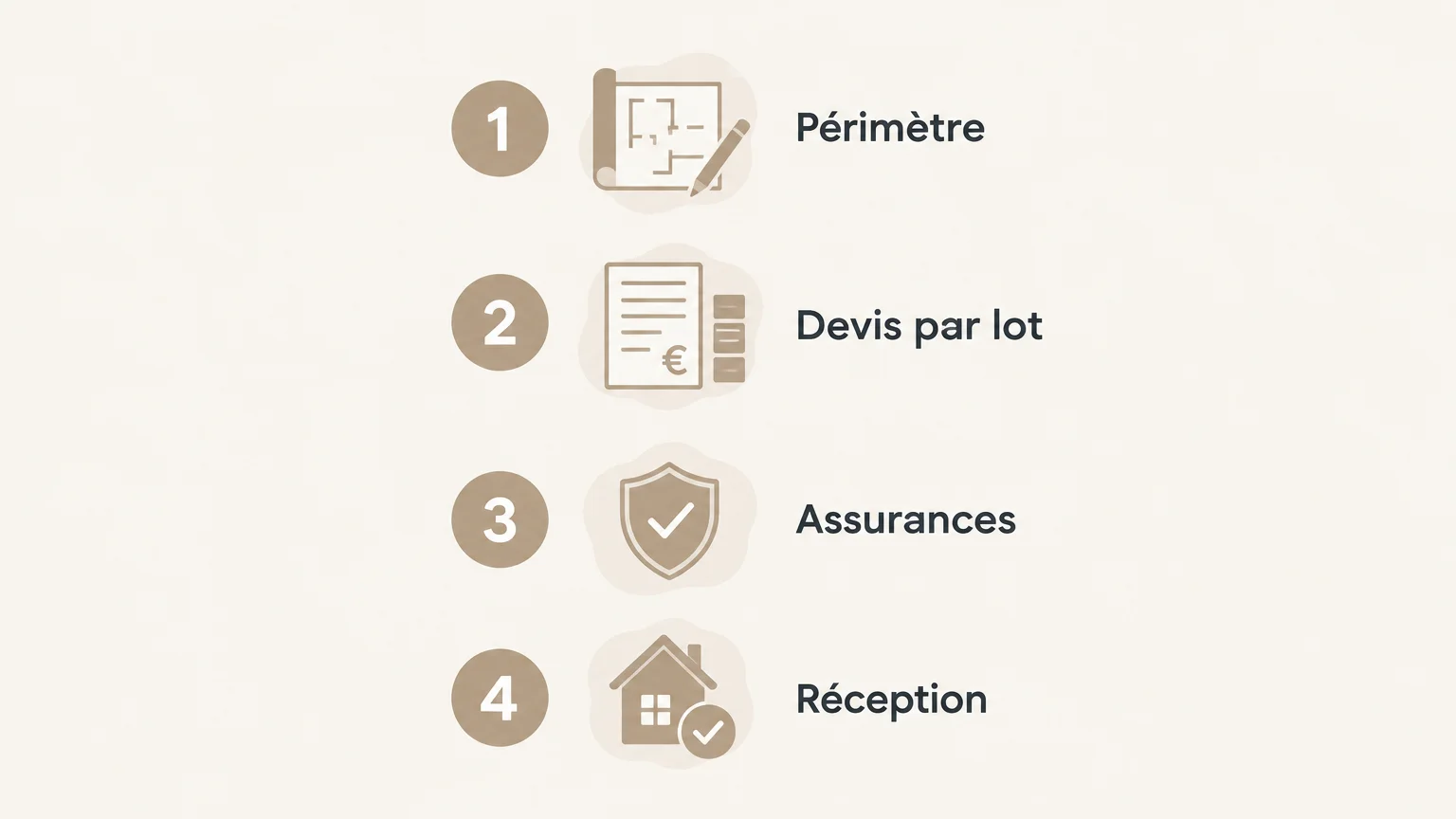 Checklist illustrée : périmètre, devis par lot, assurances et réception des travaux.