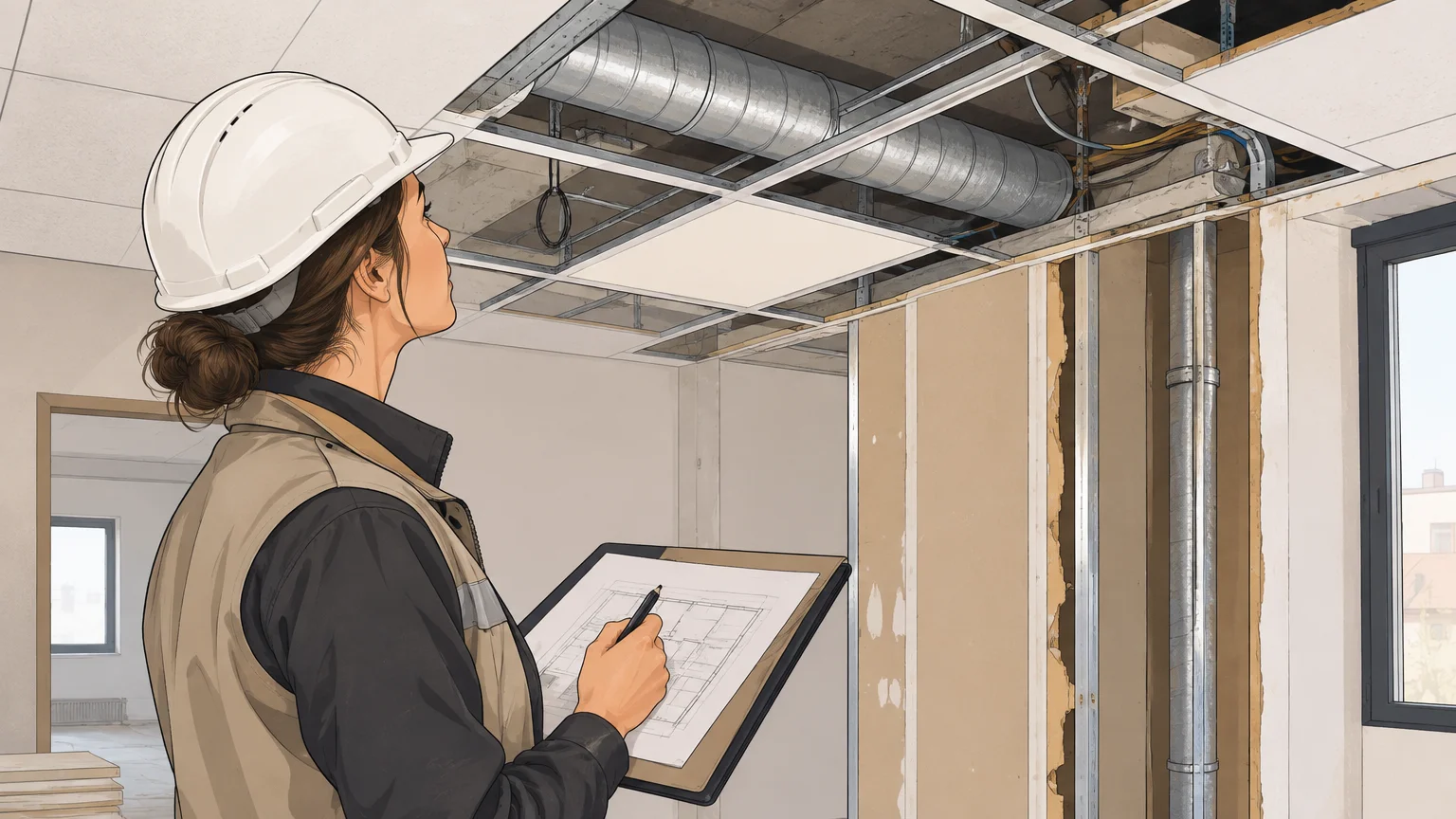 Professionnel examinant le plafond technique et prenant des notes sur un plan dans un bureau en travaux.