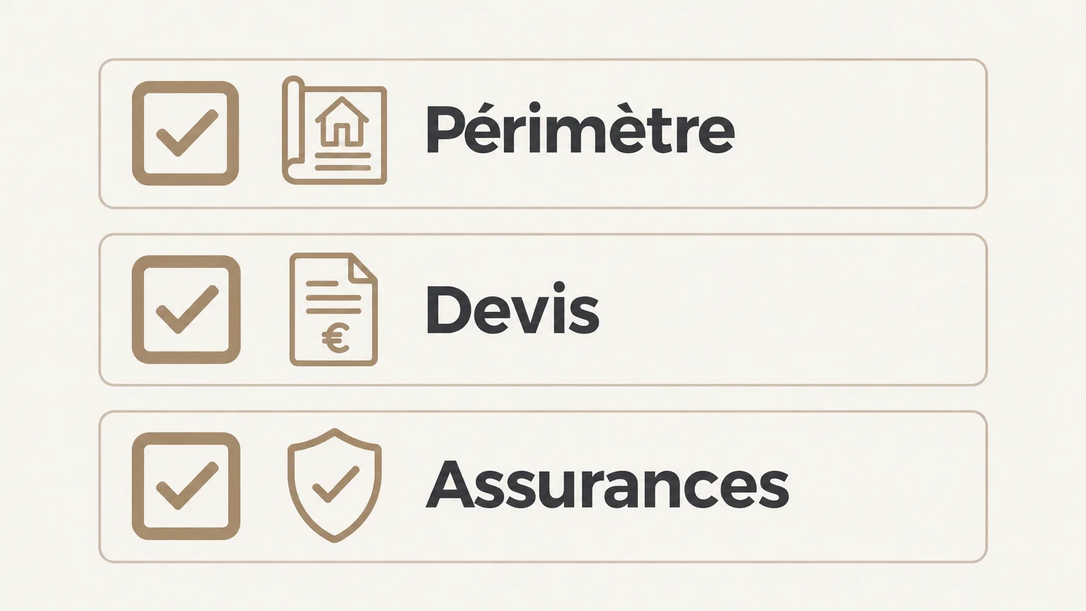 Checklist de préparation d’une rénovation avec trois points à vérifier : périmètre, devis et assurances.