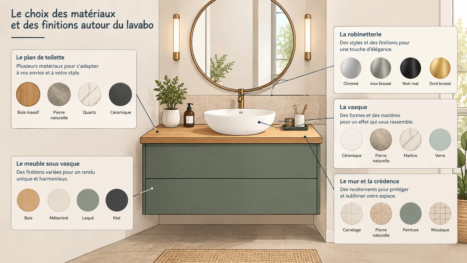 Image du corps : illustrer le choix des matériaux et des finitions autour du lavabo.