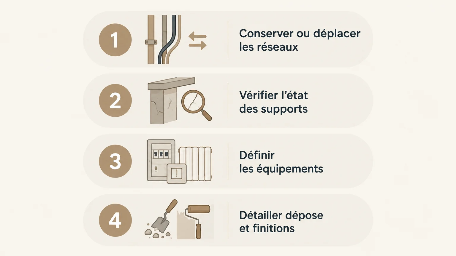 Infographie des quatre vérifications à effectuer avant de chiffrer une rénovation de salle de bain.