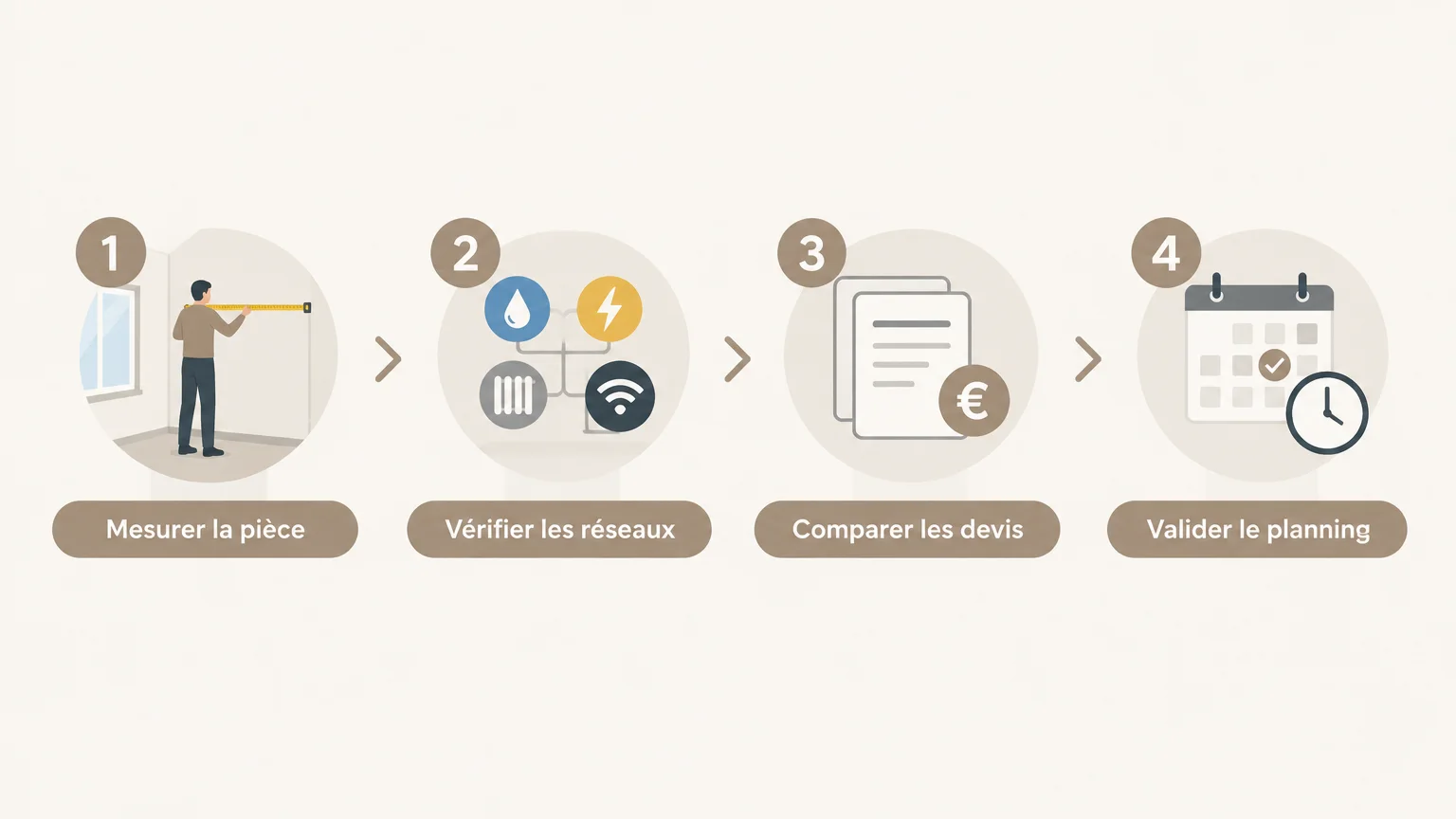 Infographie en quatre étapes pour préparer une rénovation de cuisine : mesurer, vérifier les réseaux, comparer les devis et valider le planning.