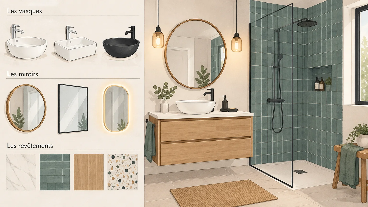 Détail de salle de bain pour illustrer les choix de vasque, miroir et revêtement pendant l’estimation du projet.