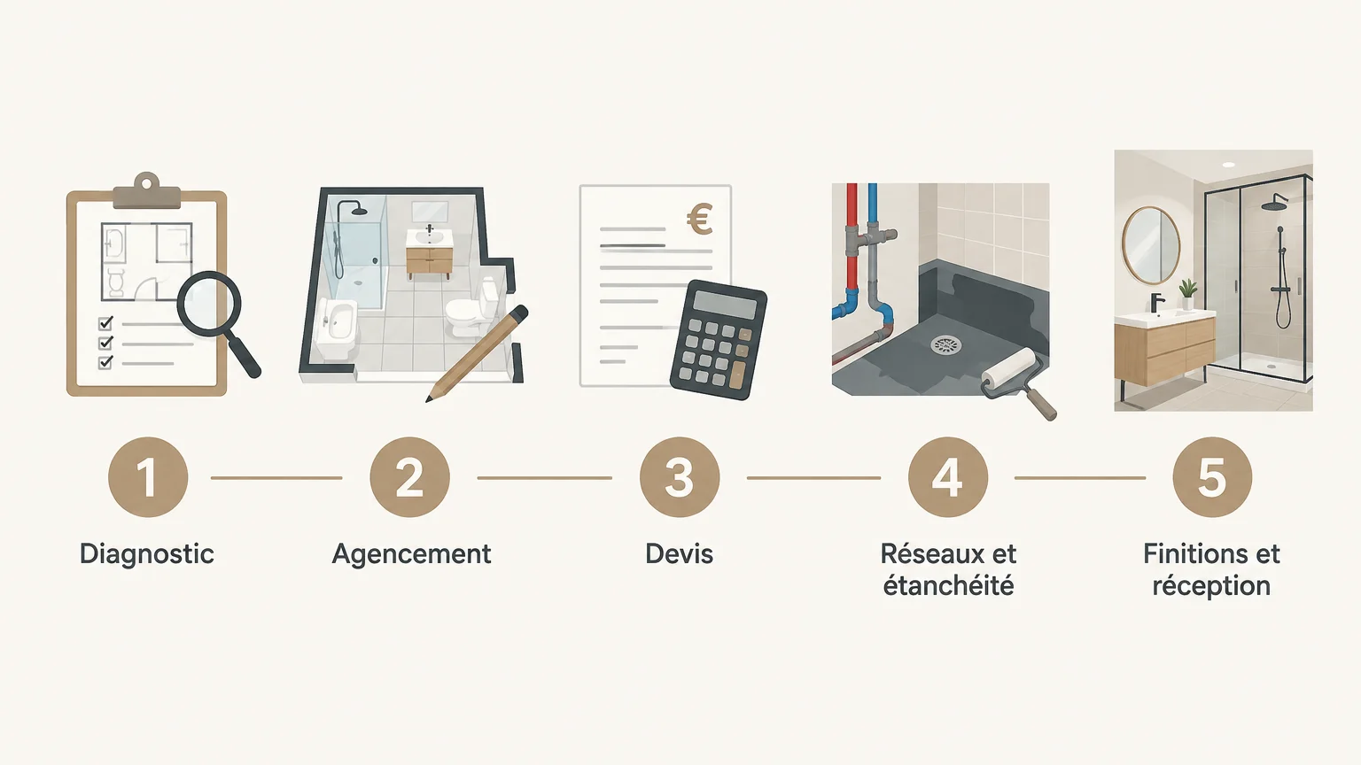 Infographie en cinq étapes pour organiser une rénovation de salle de bain, du diagnostic à la réception.