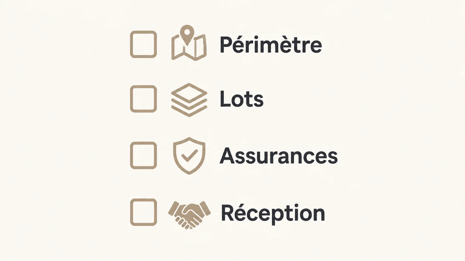 Checklist illustrée pour vérifier le périmètre, les lots, les assurances et la réception des travaux.