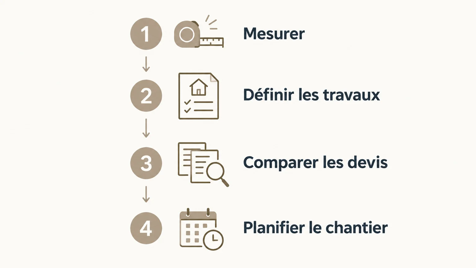 Checklist illustrée des étapes pour mesurer la cuisine, définir les travaux, comparer les devis et planifier le chantier.