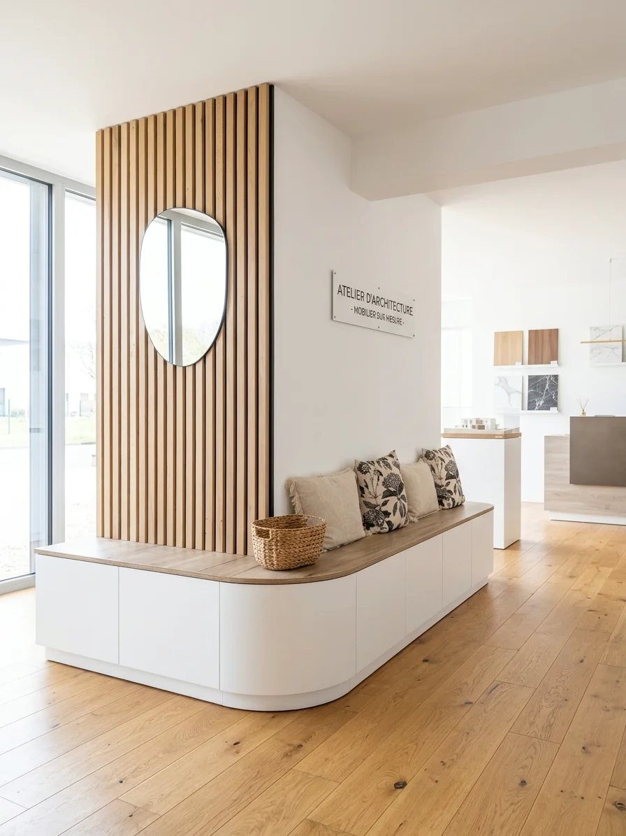 Banquette intégrée blanche devant une séparation à tasseaux de bois avec miroir rond et panier tressé